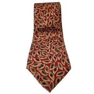 Eaton Vintage Silk Tie - Made in Italy - Leaf Pattern Red Gold Navy 100% Silk